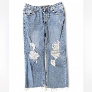 Forever 21 Blue Straight Leg Jeans with Distressed Details